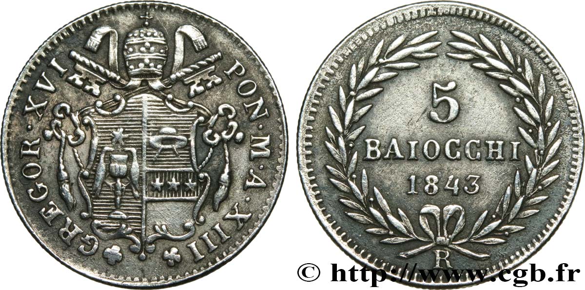 ITALIA - STATO PONTIFICIO - GRÉGOIRE XVI (Bartolomeo Alberto Cappellari) 5 Baiocchi an XIII 1843 Rome q.SPL 