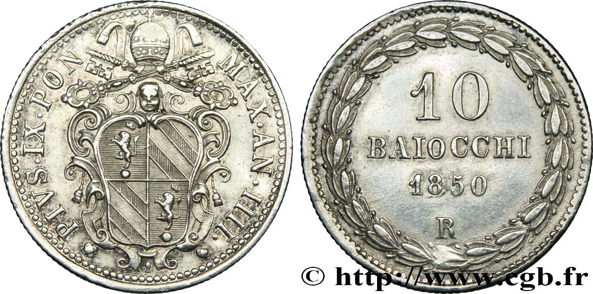 ITALIA - ESTADOS PONTIFICOS - PIE IX (Giovanni Maria Mastai Ferrettii) 10 Baiocchi an IIII 1850 Rome EBC 
