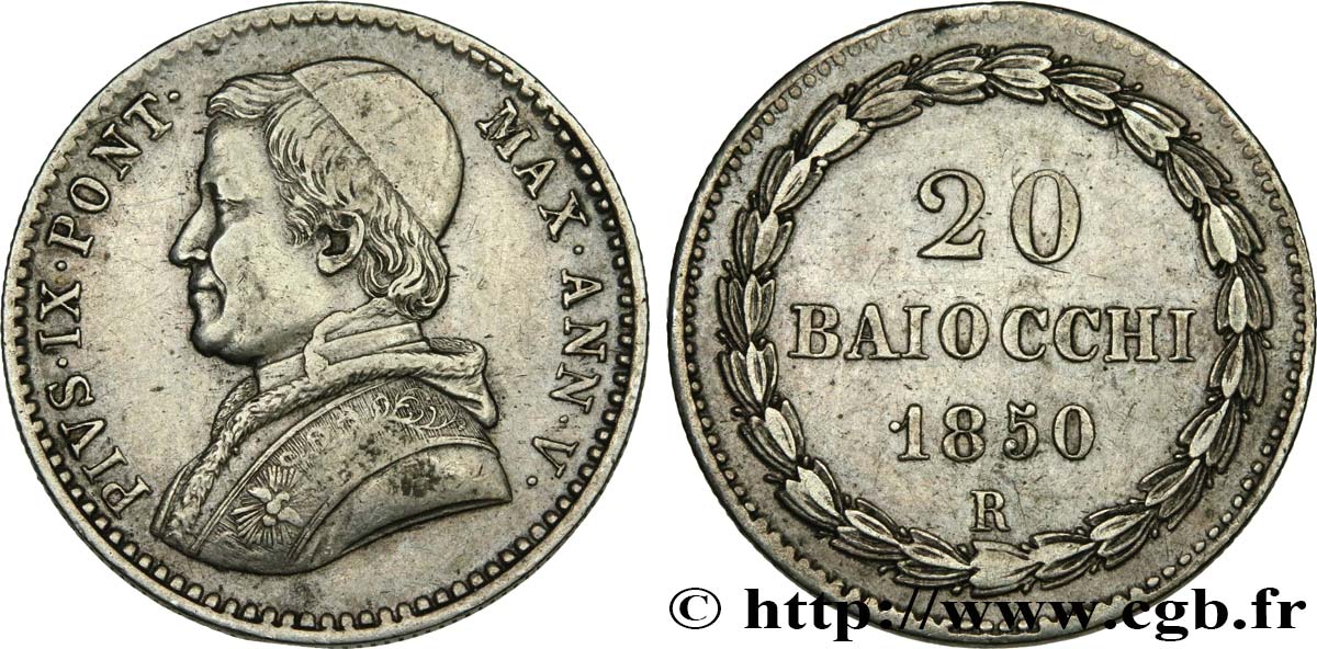 ITALY - PAPAL STATES - PIUS IX (Giovanni Maria Mastai Ferretti) 20 Baiocchi an V 1850 Rome AU 