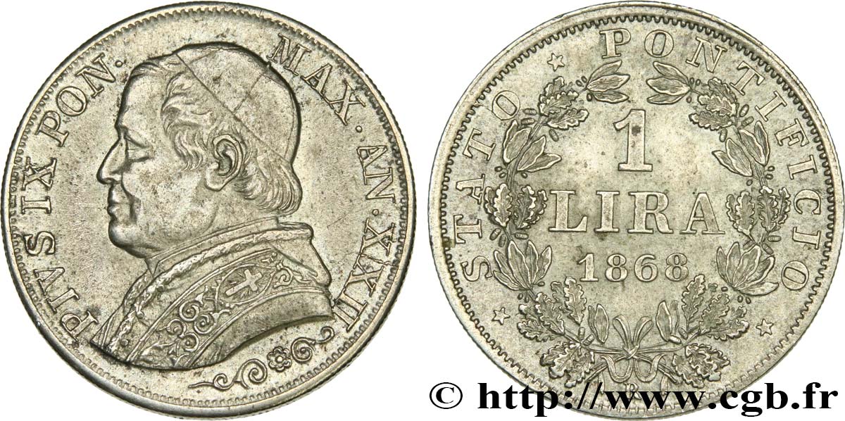 VATICAN - PIUS IX (Giovanni Maria Mastai Ferretti) 1 Lira An XXII 1868 Rome AU 