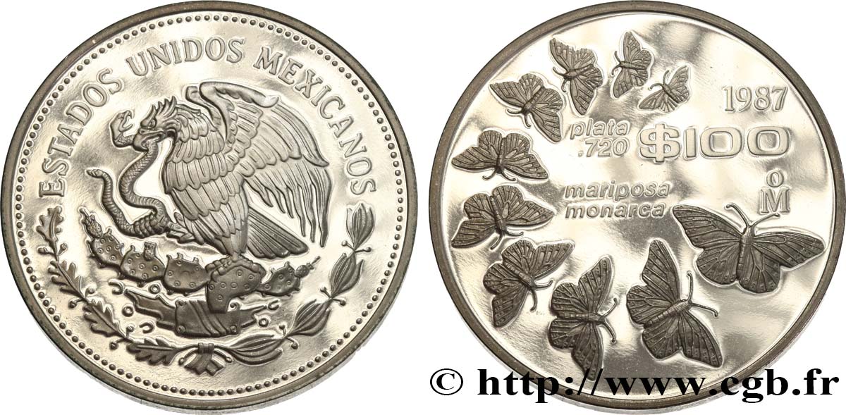 MEXICO 100 Pesos Proof Papillons Monarques 1987  MS 