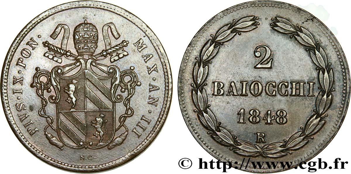 VATICAN AND PAPAL STATES 2 Baiocchi frappe au nom de Pie IX an III 1848 Rome AU 