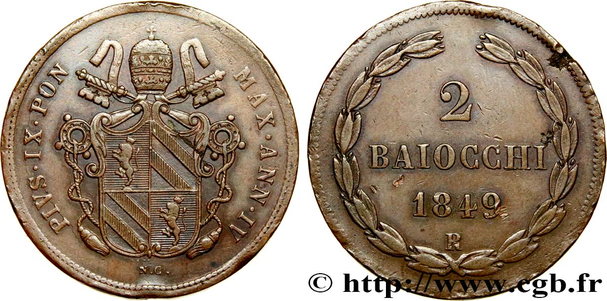 VATICAN AND PAPAL STATES 2 Baiocchi Pie XI an IV 1849 Rome AU 