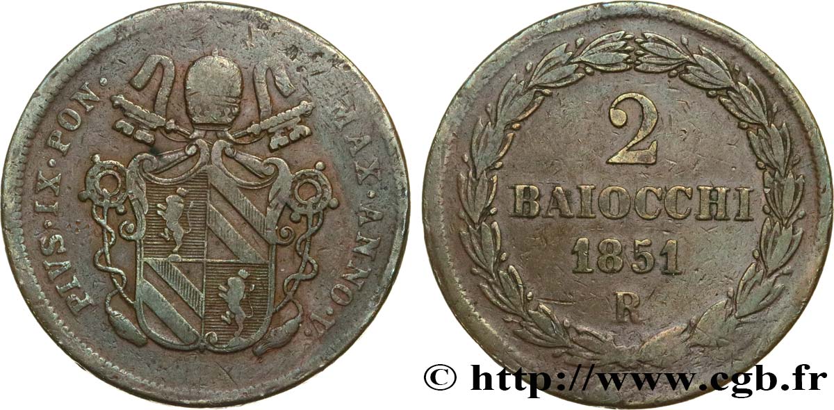 VATICAN AND PAPAL STATES 2 Baiocchi Pie IX an V 1851 Rome VF 