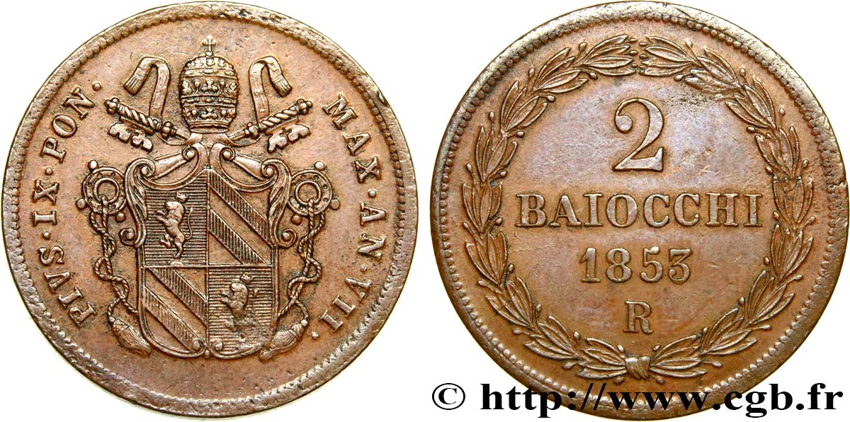 VATICAN AND PAPAL STATES 2 Baiocchi frappe au nom de Pie IX an VII 1853 Rome AU 