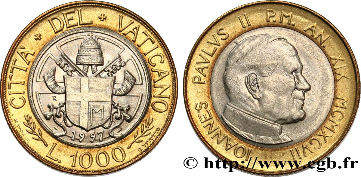VATICANO E STATO PONTIFICIO 1000 Lire Jean Paul II an XIX /  armes pontificales 1997  MS 