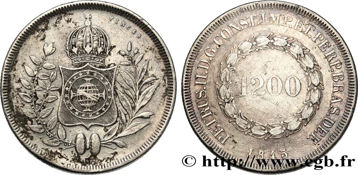 BRAZIL 1200 Reis Pierre II 1845  VF 