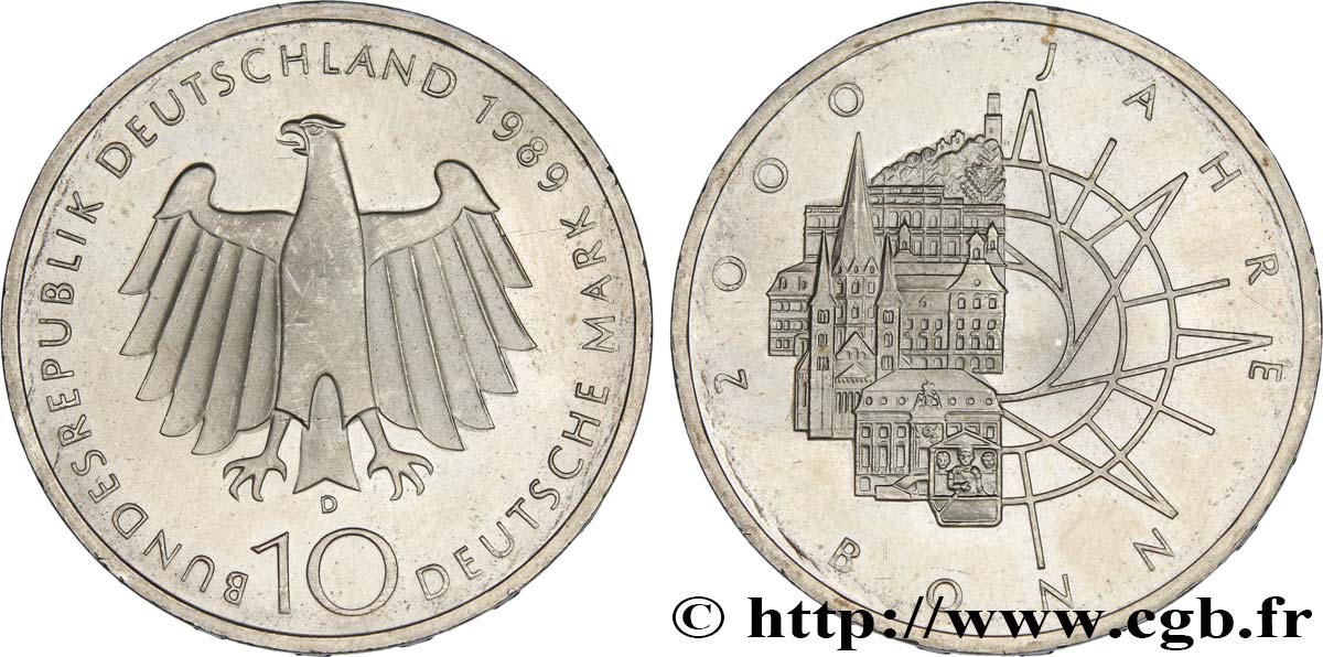 DEUTSCHLAND 10 Mark Proof aigle héraldique / 2000e anniversaire de la fondation de Bonn 1989 Munich fST 