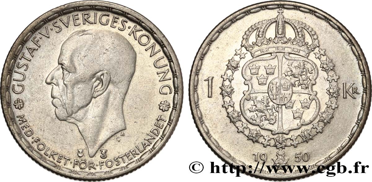 SWEDEN 1 Krona Gustave V 1950  XF 