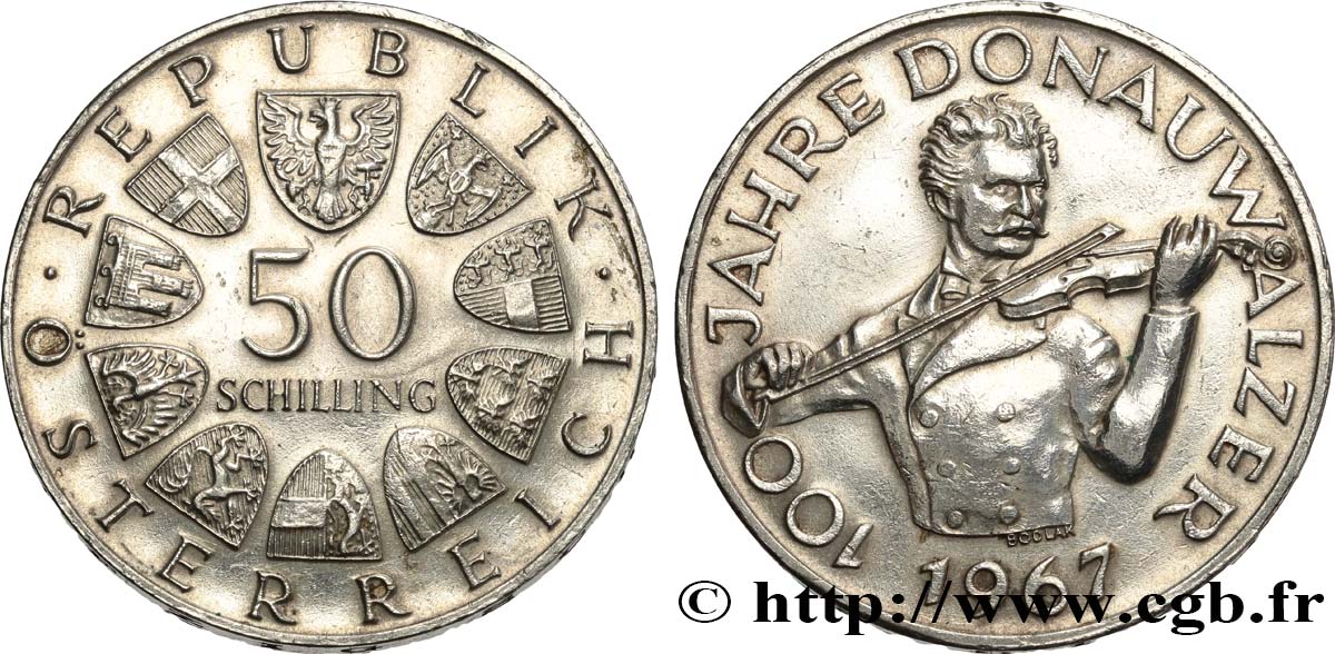Austria 50 Schilling 100e Anniversaire De La Valse Du Danube Bleu Par Johann Strauss 1967 Fwo 5413 World Coins