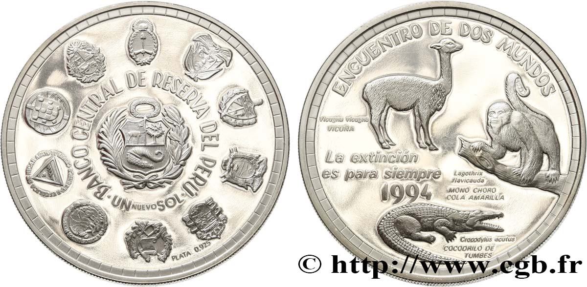 PÉROU 1 Nuevo Sol Proof faune sauvage 1994  SPL 