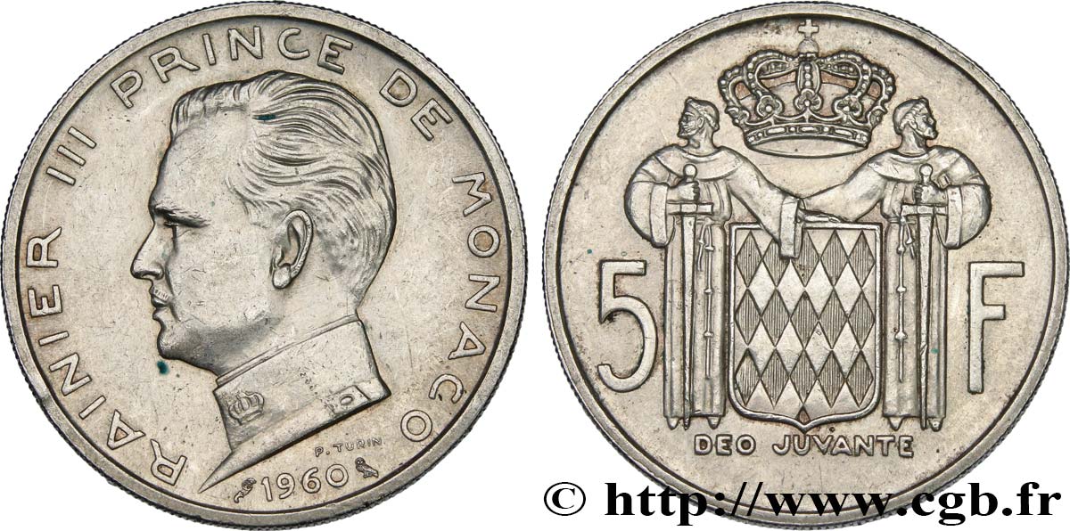 MONACO 5 Francs Prince Rainier III 1960 Paris AU 