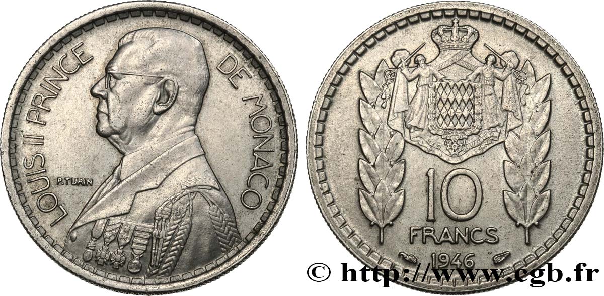 MONACO 10 Francs Louis II 1946 Paris AU 