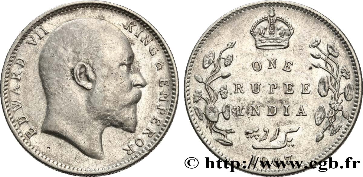 INDES BRITANNIQUES 1 Rupee (Roupie) Edouard VII 1907 Calcutta TTB/TTB+ 