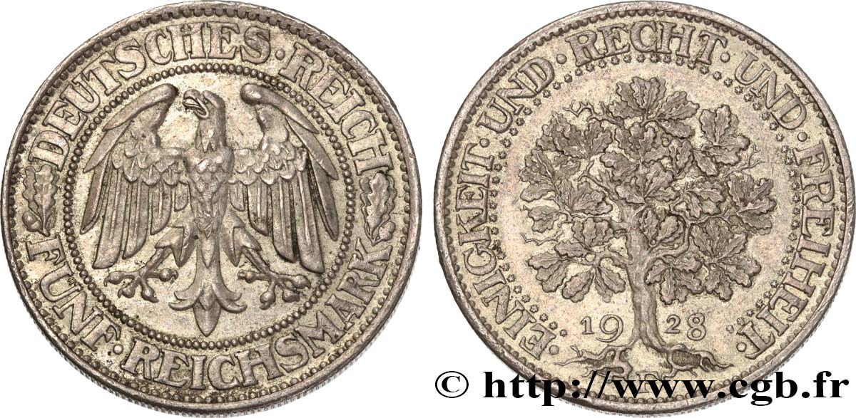 GERMANY 5 Reichsmark 1928 Stuttgart AU 