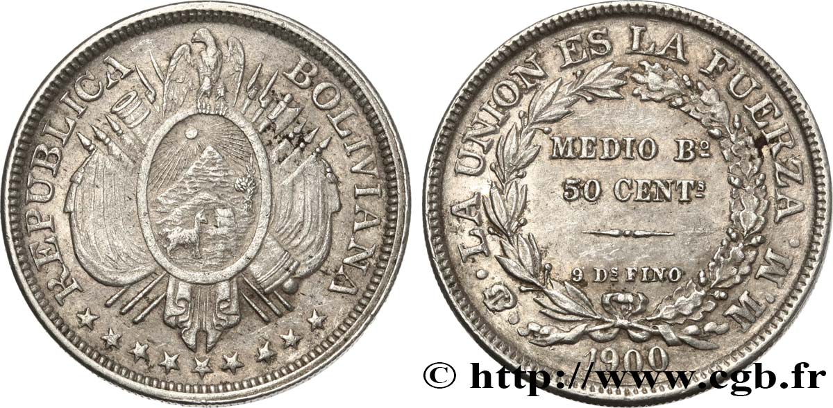 BOLIVIA 50 Centavos (1/2 Boliviano) 1900 Potosi AU 