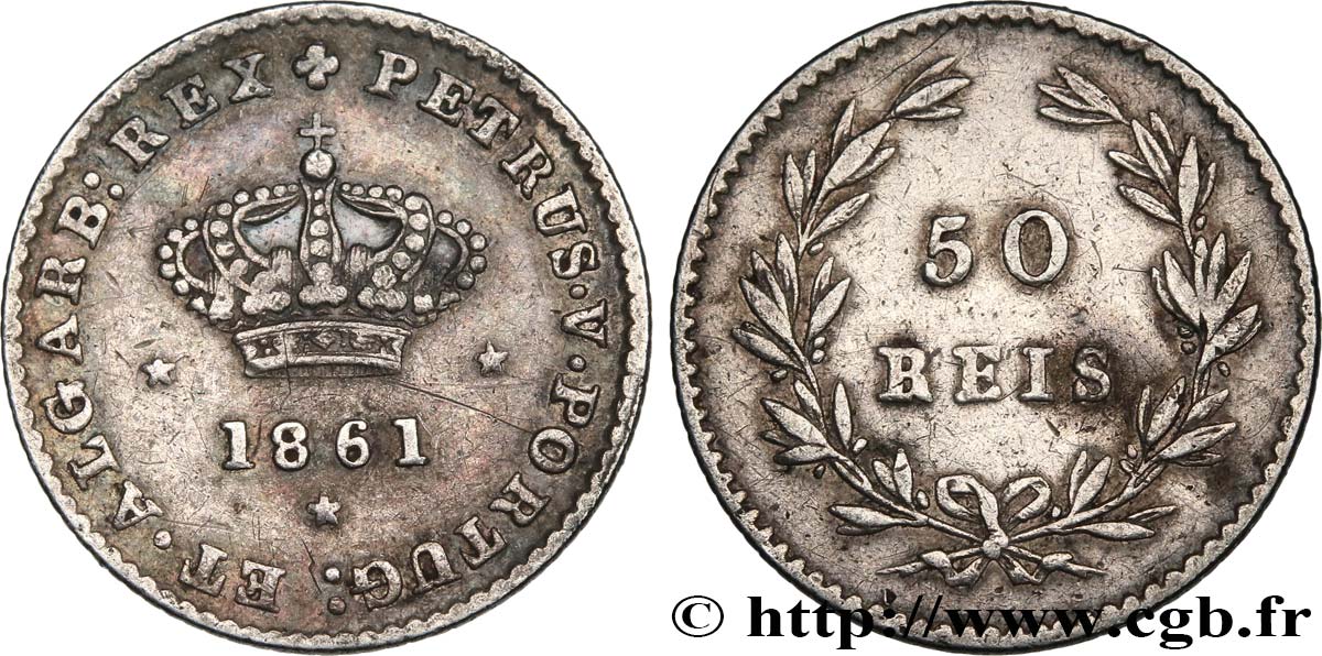 PORTUGAL 50 Réis Pierre V 1861  XF 