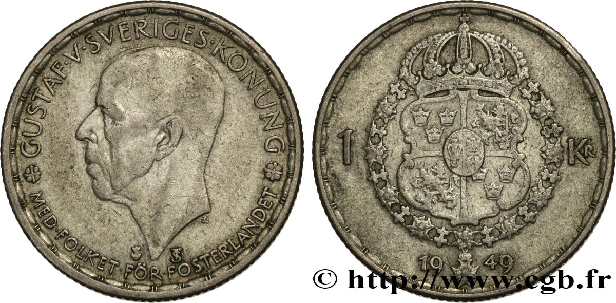 SWEDEN 1 Krona Gustave V 1949  XF 
