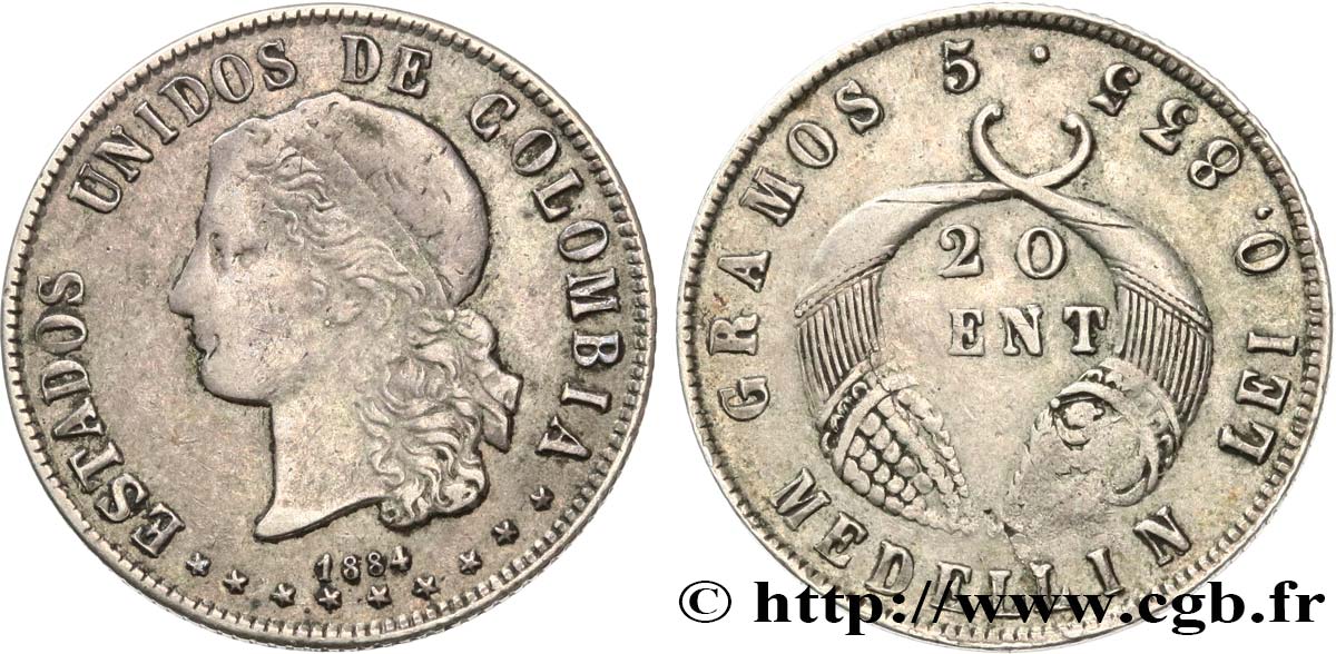 COLOMBIA 20 Centavos 1884 Medellin VF 