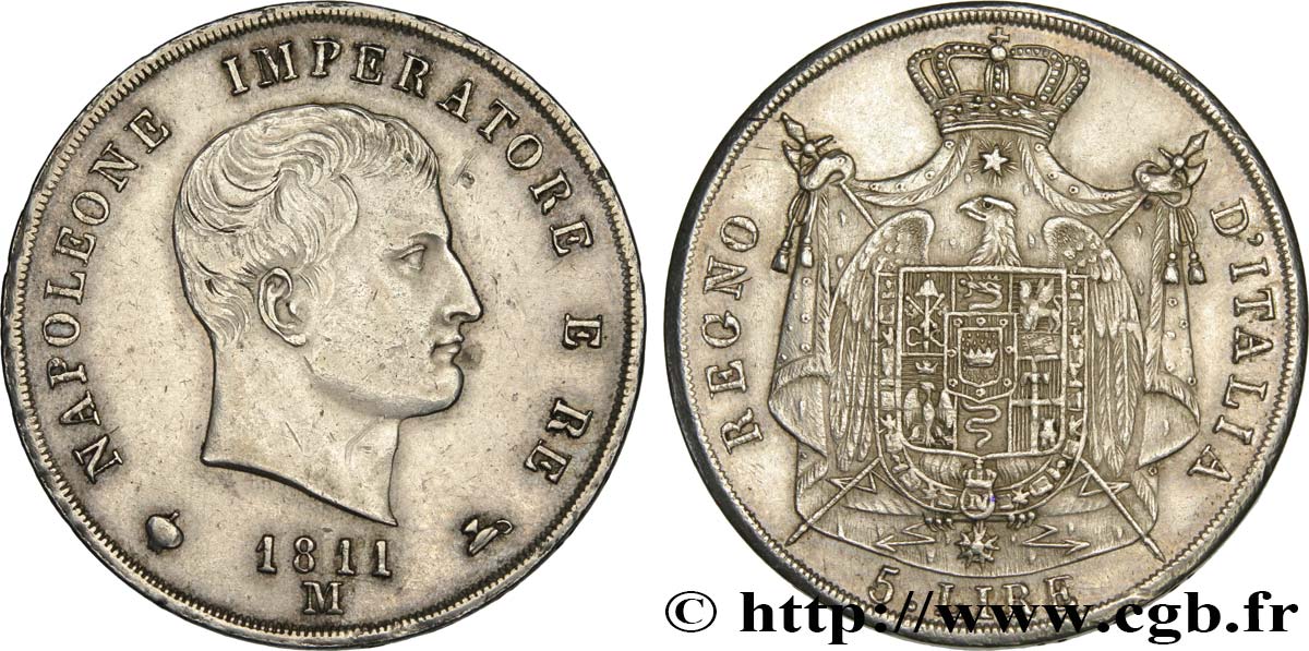 ITALY - KINGDOM OF ITALY - NAPOLEON I 5 Lire 1811 Milan AU 