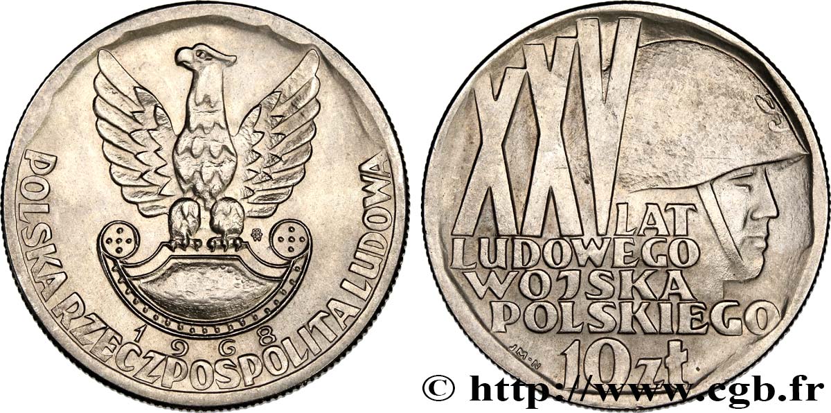 POLONIA 10 Zlotych aigle / 25e anniversaire de la fondation de l’armée populaire 1968 Varsovie SC 