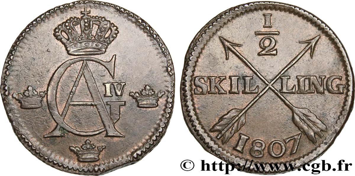 SUÈDE 1/2 Skilling Gustave IV Adolphe 1807  SUP 