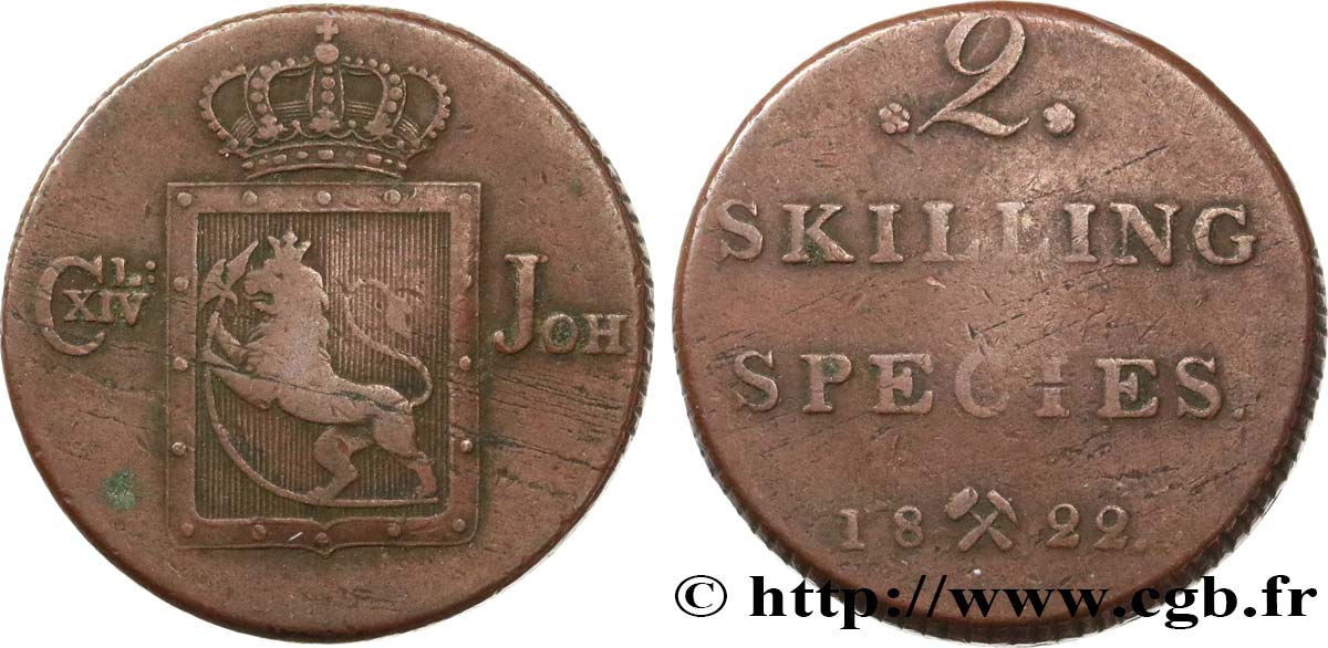 NORWAY 2 Skilling au nom de Charles XIV roi de Suède 1822 Kongsberg VF 