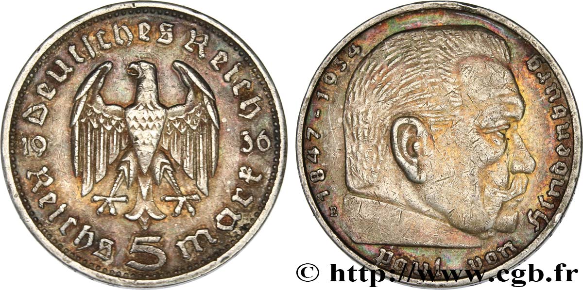 ALEMANIA 5 Reichsmark Maréchal Paul von Hindenburg 1936 Muldenhütten - E MBC 