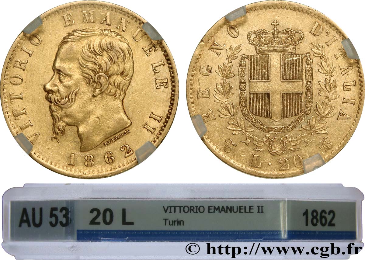 ITALY 20 Lire Victor Emmanuel II 1862 Turin AU53 GENI