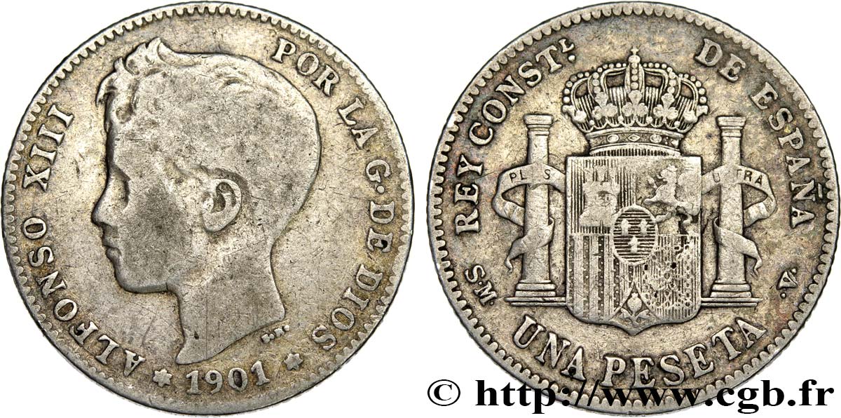 SPAIN 1 Peseta Alphonse XIII 3e type de buste 1901 Madrid VF 