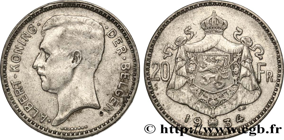 BELGIO 20 Franken (Francs) Albert Ier légende Flamande position A 1934  BB 
