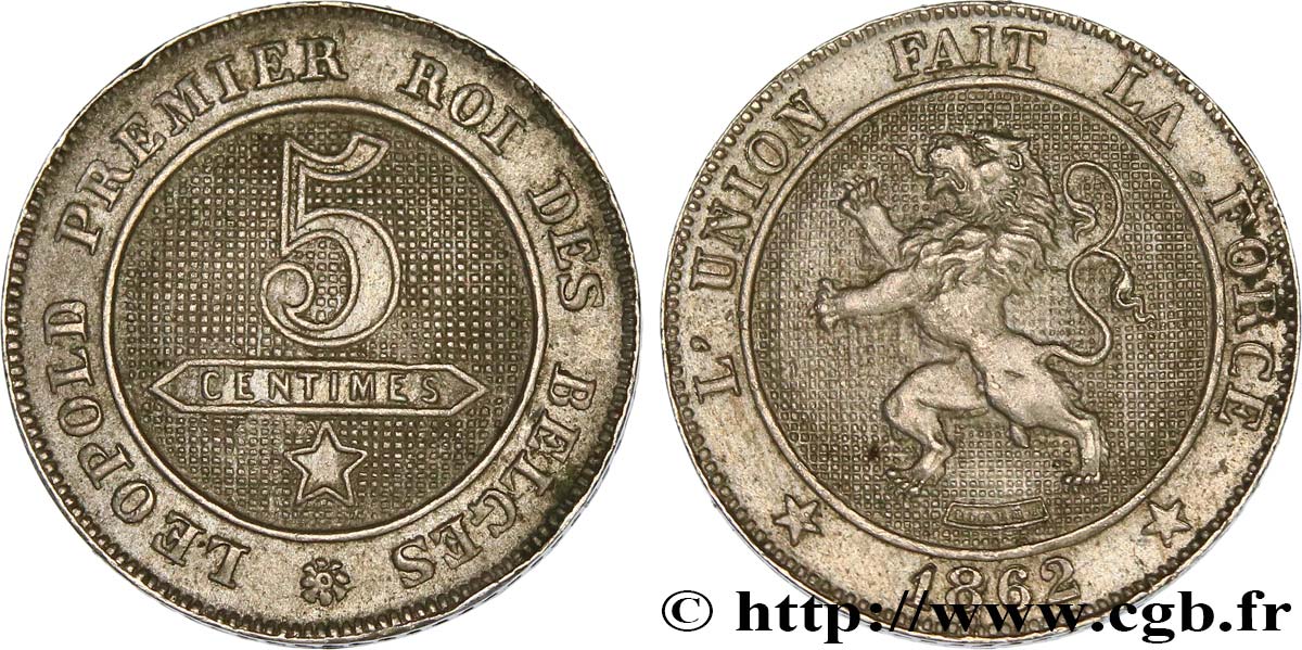 BELGIUM 5 Centimes lion 1862  AU 
