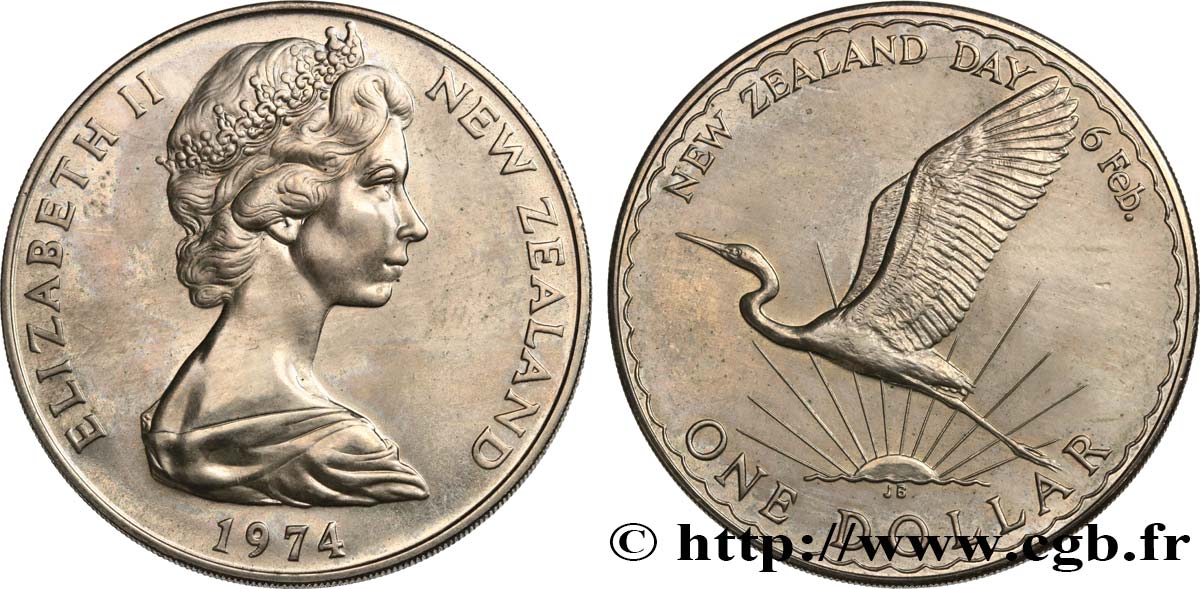 NUOVA ZELANDA
 1 Dollar Elisabeth II / grande égrette 1974  MS 