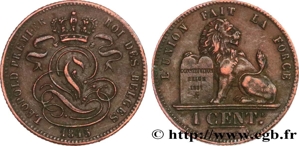 BÉLGICA 2 Centimes lion monogramme de Léopold Ier 1845  MBC+ 