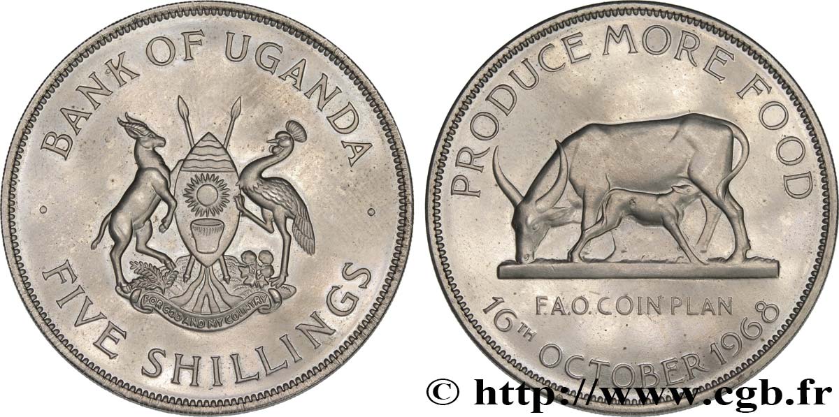 OUGANDA 5 Shillings F.A.O. Buffle et veau 1968  SPL 