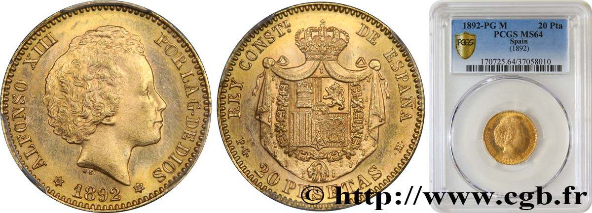 SPAIN - KINGDOM OF SPAIN - ALFONSO XIII 20 Pesetas 1892 Madrid MS64 PCGS