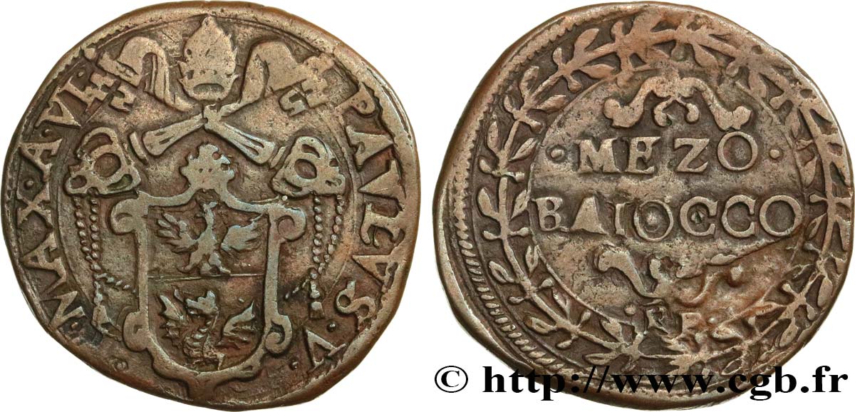 ITALIA - STATO PONTIFICIO - PAUL V (Camillo Borghese) Mezzo (demi) Baiocco an VI N.D. Rome MB 