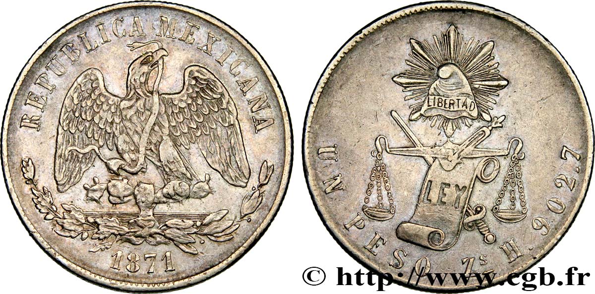 MEXICO 1 Peso aigle 1871 Zacatecas AU 