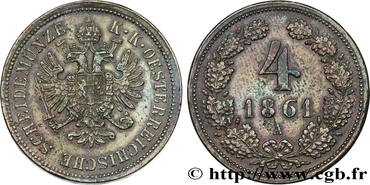 AUTRICHE 4 Kreuzer aigle bicéphale 1861 Vienne TTB+ 