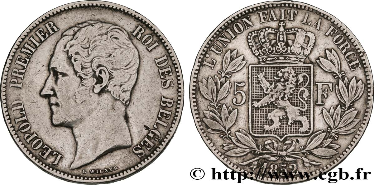 BÉLGICA 5 Francs Léopold Ier 1852 Bruxelles MBC 
