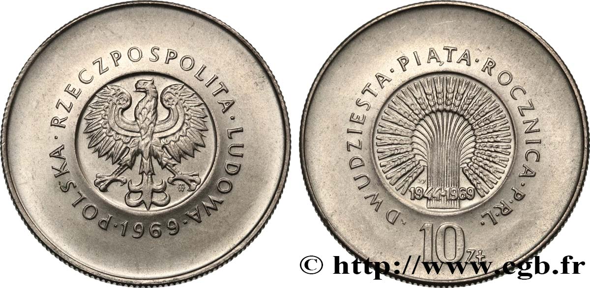 POLONIA 10 Zlotych aigle / 25e anniversaire de la République Populaire 1969 Varsovie MS 
