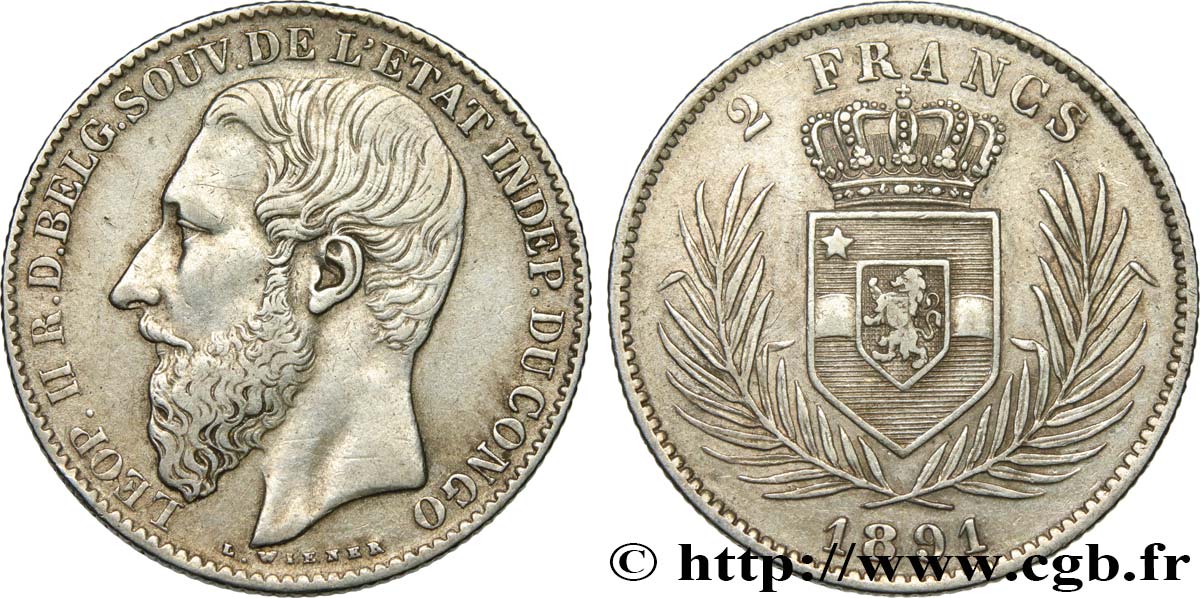 CONGO - ÉTAT INDÉPENDANT DU CONGO - LÉOPOLD II 2 Francs 1891 Bruxelles MBC/MBC+ 