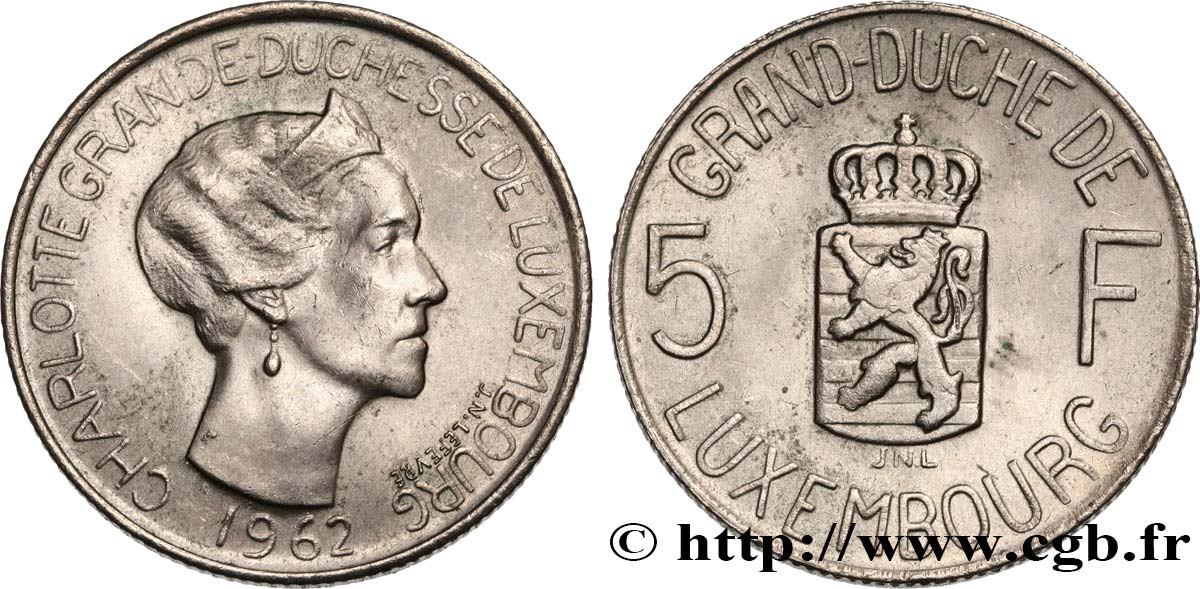 LUXEMBOURG 5 Francs Grande-Duchesse Charlotte 1962  XF 