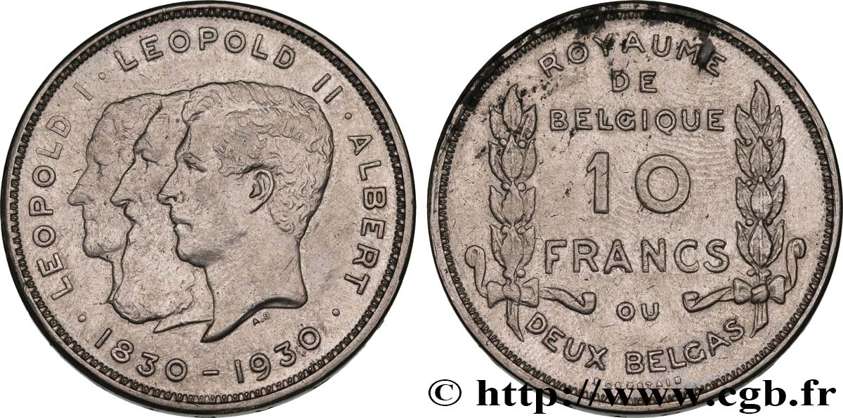 BELGIUM 10 Francs - 2 Belgas Centenaire de l’Indépendance - légende Française 1930  XF 