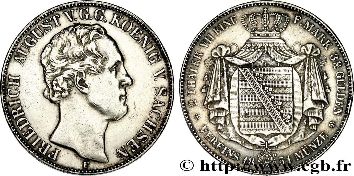GERMANY - KINGDOM OF SAXONY - FREDERICK-AUGUSTUS II 2 Thalers 1854 Dresde AU 