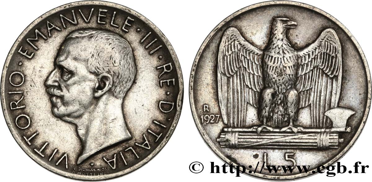 ITALY 5 Lire Victor Emmanuel III 1927 Rome  XF 