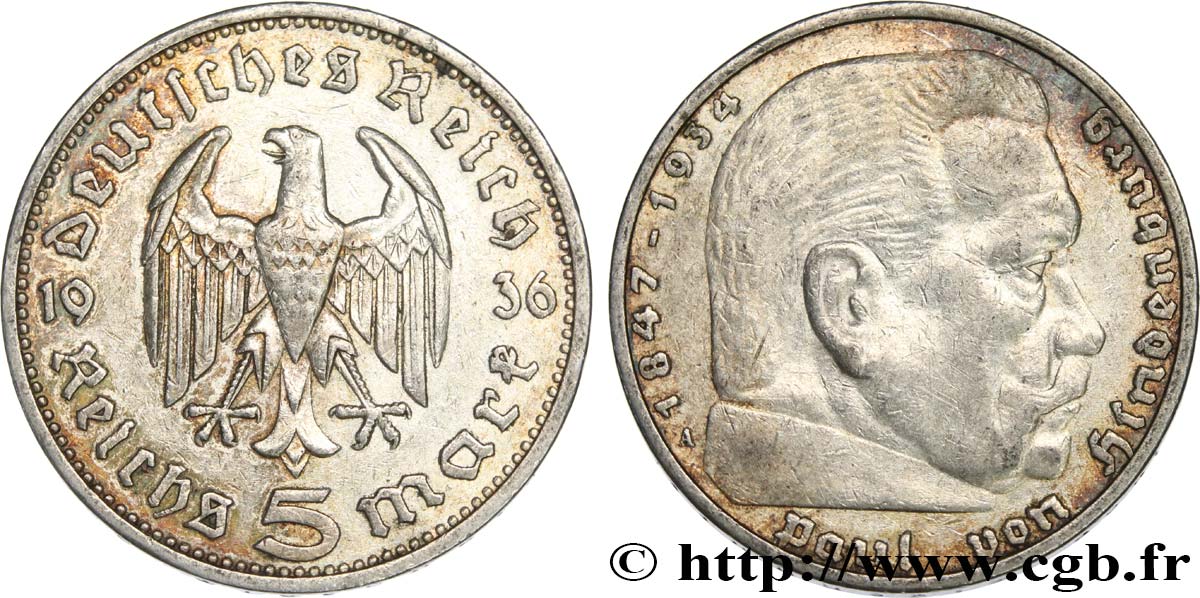 ALEMANIA 5 Reichsmark Maréchal Paul von Hindenburg 1936 Berlin MBC 
