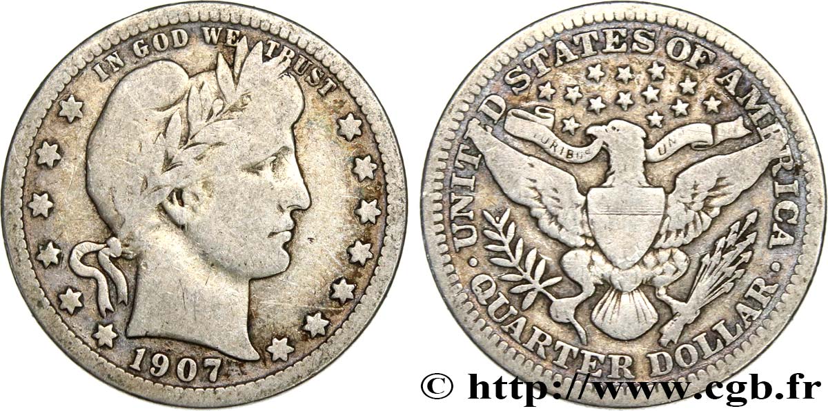 ÉTATS-UNIS D&nbsp;AMÉRIQUE 1/4 Dollar Barber 1907 Philadelphie TB 