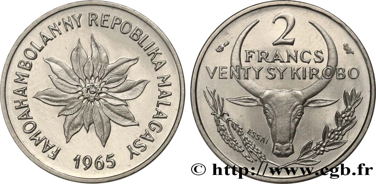 MADAGASKAR Essai 2 Francs - 1 Ariary 1965 Paris fST 