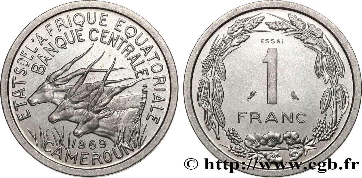 ÁFRICA ECUATORIAL  Essai de 1 Franc antilopes 1969  FDC 